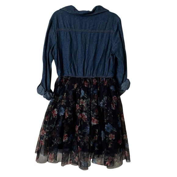 Zunie Dress Girls 12 Blue Denim Floral roll sleeve collared prairie farm casual - Picture 7 of 9